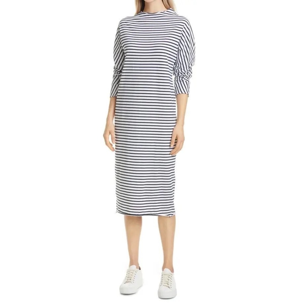 Rare FRANK & EILEEN Black Stripe Izzie Coastal‎ Preppy T-Shirt Midi Dress SMALL